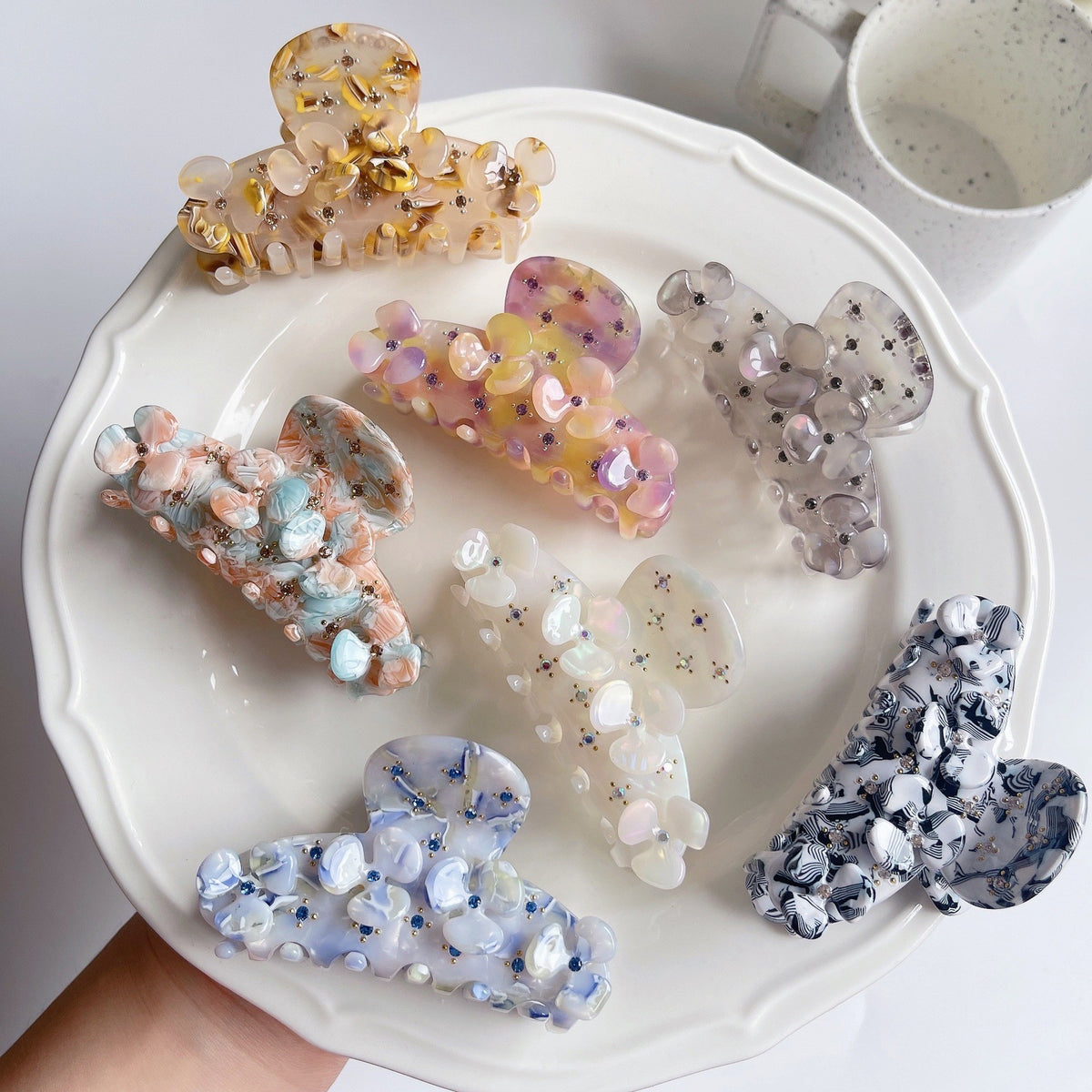 【MOQ 12 PCS】Acetate Full Rhinestone Flower Hair Claw, Elegant Shark Clip