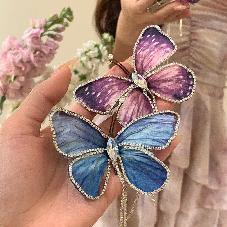 【MOQ 12 PCS】Elegant Gradient Butterfly Tassel Rhinestone Duckbill Hair Clip