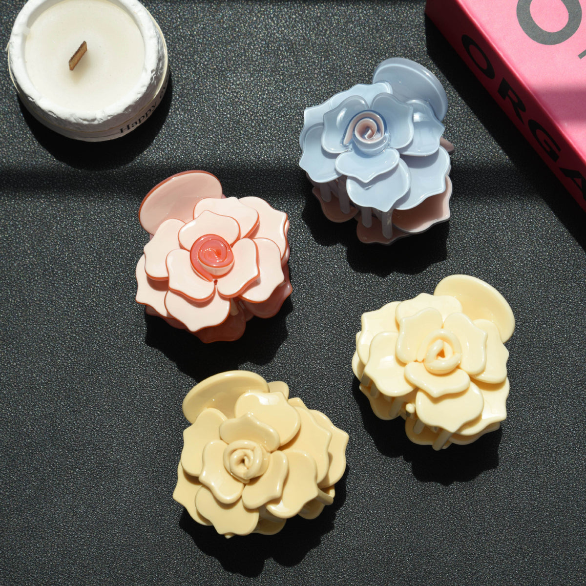 【MOQ 12 PCS】Acetate 3D Rose Hair Claw, Elegant Shark Clip