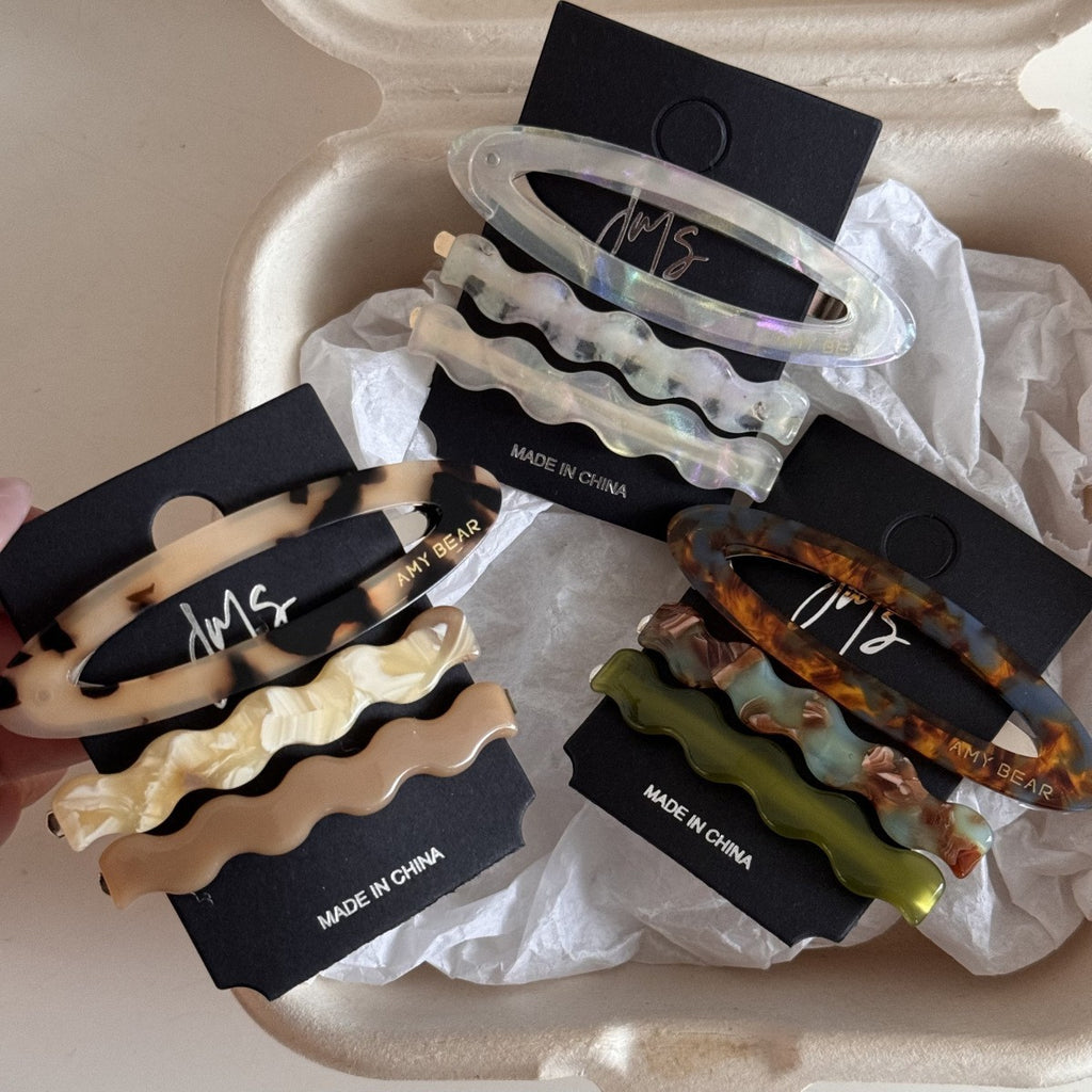 【MOQ 12 PCS】3Pcs Acetate Oval BB Clips Wavy Duckbill Cute Side Hair Clips
