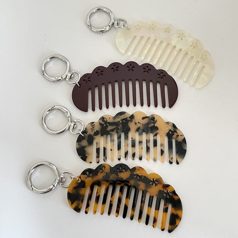 【MOQ 12 PCS】Vintage Acetate Flower Hollow Comb Keychain, Portable Hair Comb Charm