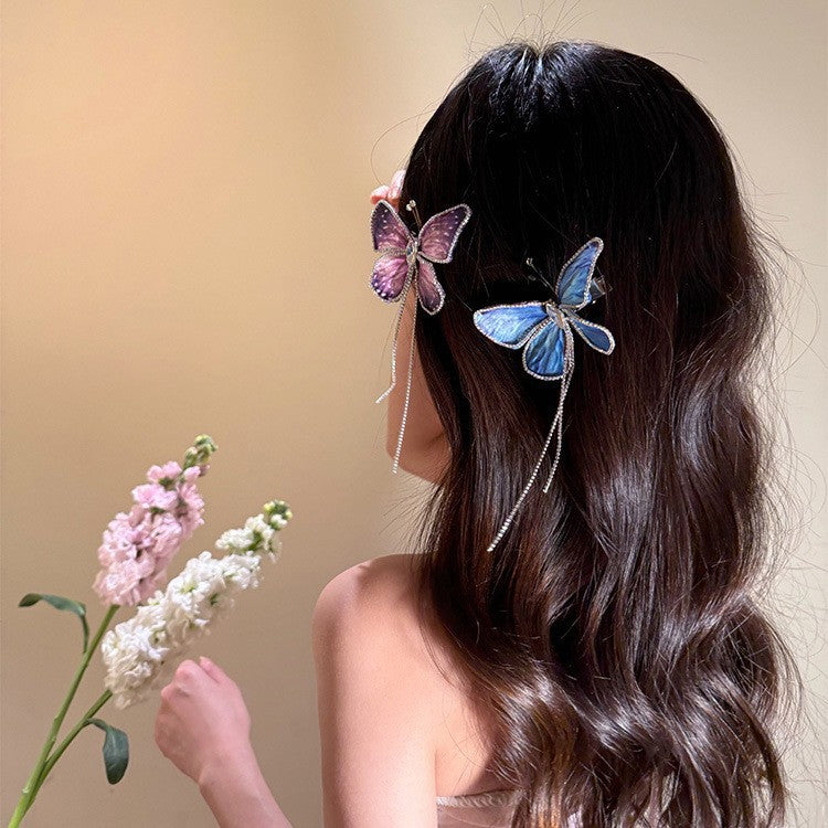 【MOQ 12 PCS】Elegant Gradient Butterfly Tassel Rhinestone Duckbill Hair Clip