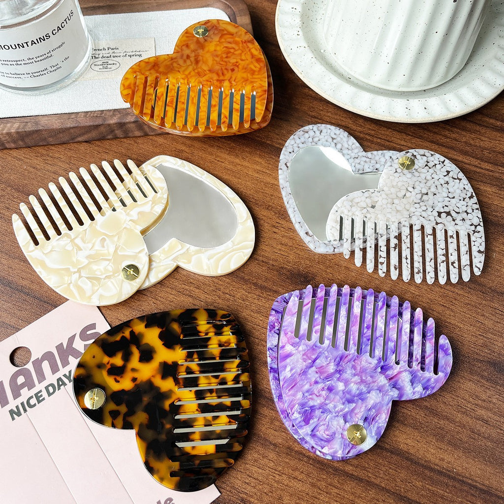 【MOQ 12 PCS】Leopard Print Acetate Mirror Comb, Rotatable Anti-static 2-in-1 Comb