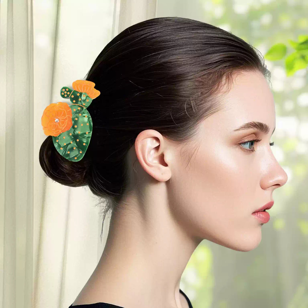 【MOQ 12 PCS】Cactus Flower Rhinestone Acetate Hair Claw – Elegant Shark Clip