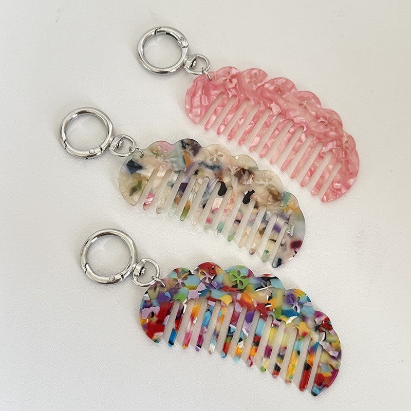 【MOQ 12 PCS】Vintage Acetate Flower Hollow Comb Keychain, Portable Hair Comb Charm