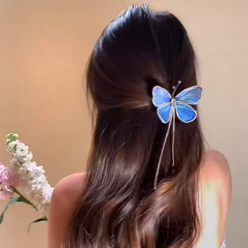 【MOQ 12 PCS】Elegant Gradient Butterfly Tassel Rhinestone Duckbill Hair Clip