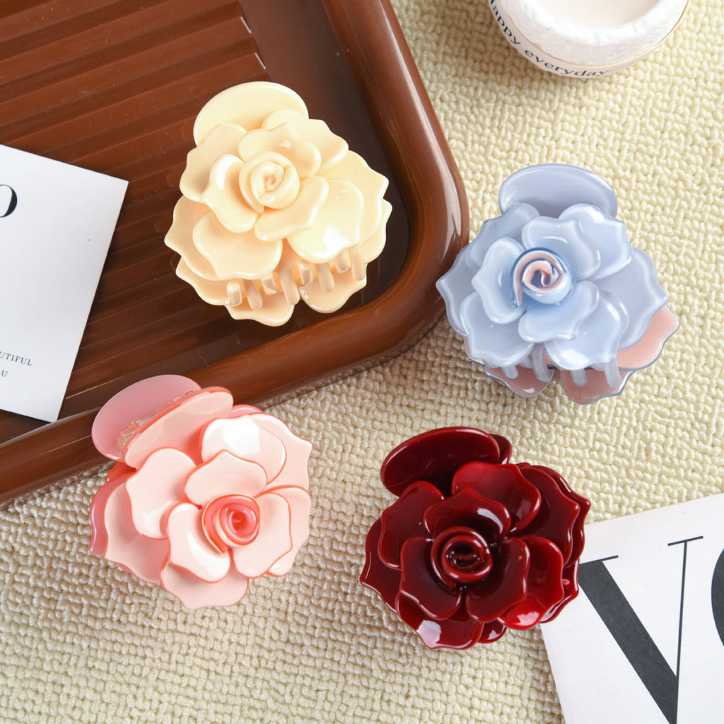 【MOQ 12 PCS】Acetate 3D Rose Hair Claw, Elegant Shark Clip
