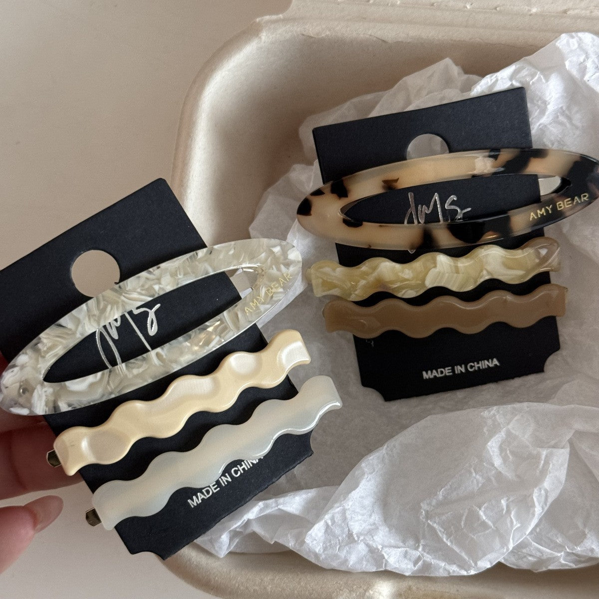 【MOQ 12 PCS】3Pcs Acetate Oval BB Clips Wavy Duckbill Cute Side Hair Clips