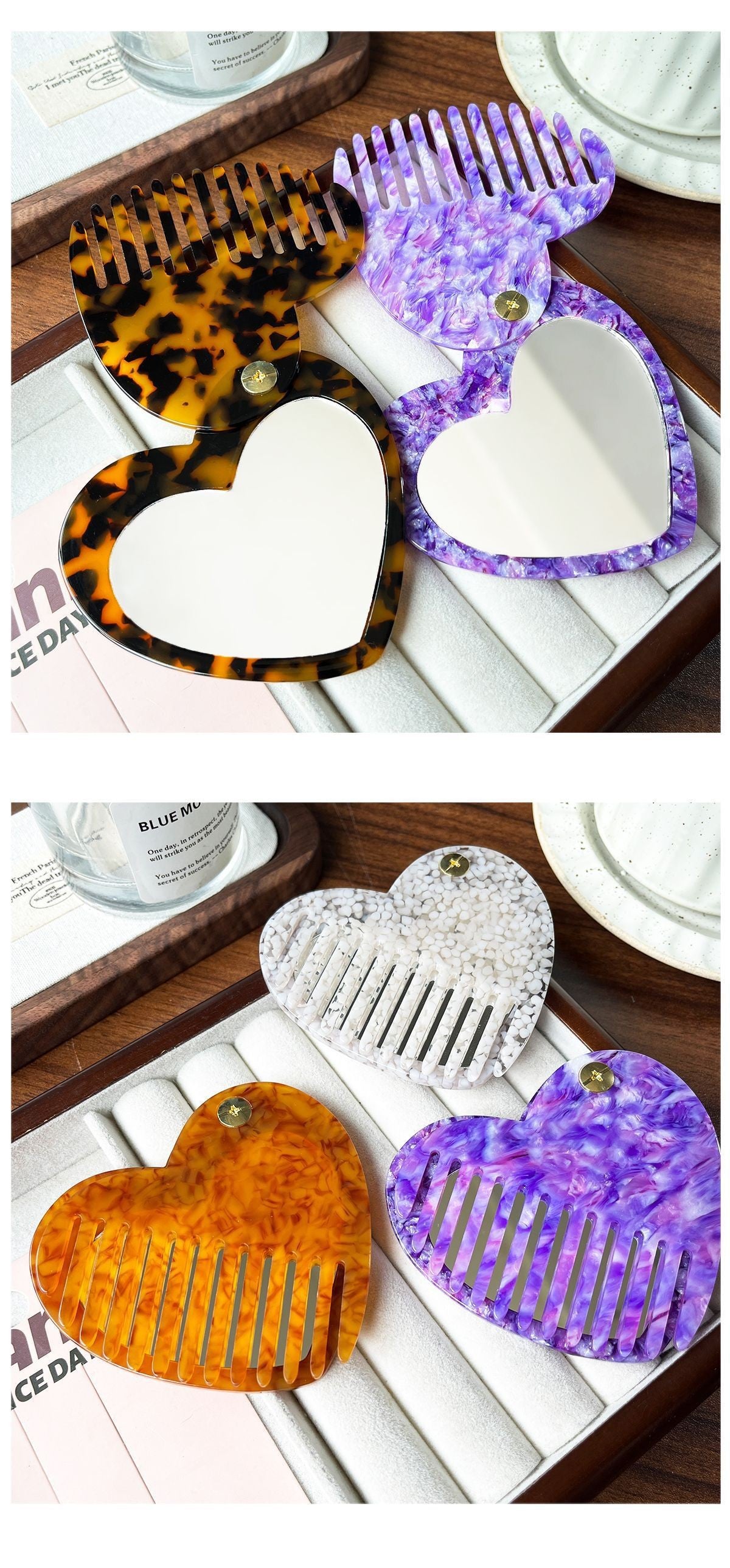【MOQ 12 PCS】Leopard Print Acetate Mirror Comb, Rotatable Anti-static 2-in-1 Comb