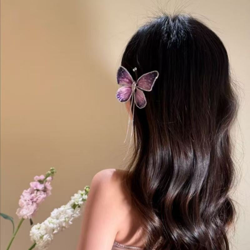 【MOQ 12 PCS】Elegant Gradient Butterfly Tassel Rhinestone Duckbill Hair Clip