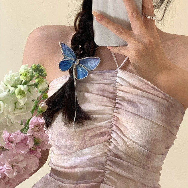 【MOQ 12 PCS】Elegant Gradient Butterfly Tassel Rhinestone Duckbill Hair Clip