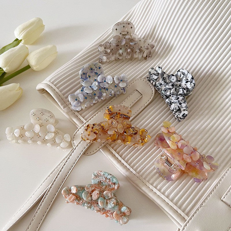 【MOQ 12 PCS】Acetate Full Rhinestone Flower Hair Claw, Elegant Shark Clip