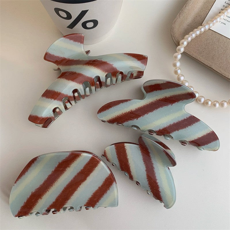 【MOQ 12 PCS】Acetate Brown Stripe Claw Clip, Elegant Back Head Updo Hair Clip