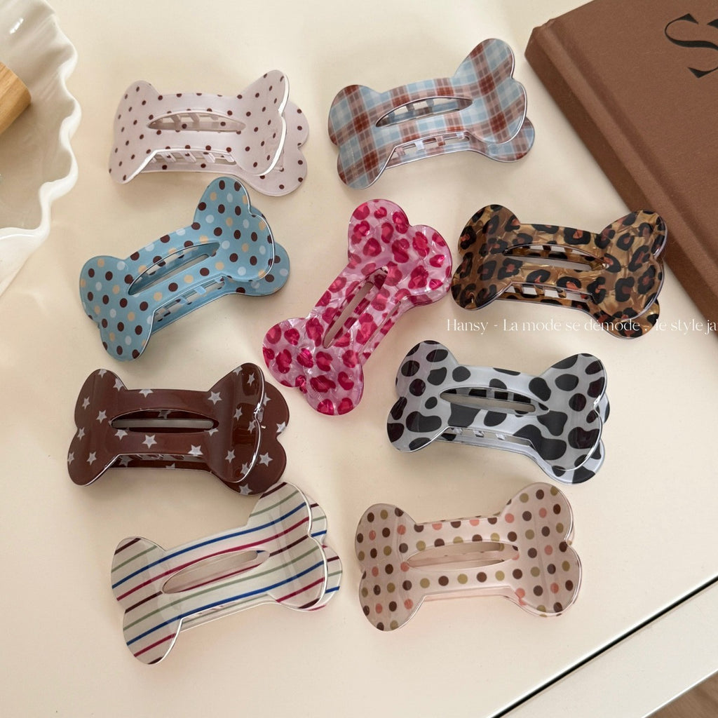 【MOQ 12 PCS】Leopard Print Bone Alligator Hair Clip, Vintage Flat Duckbill Clip