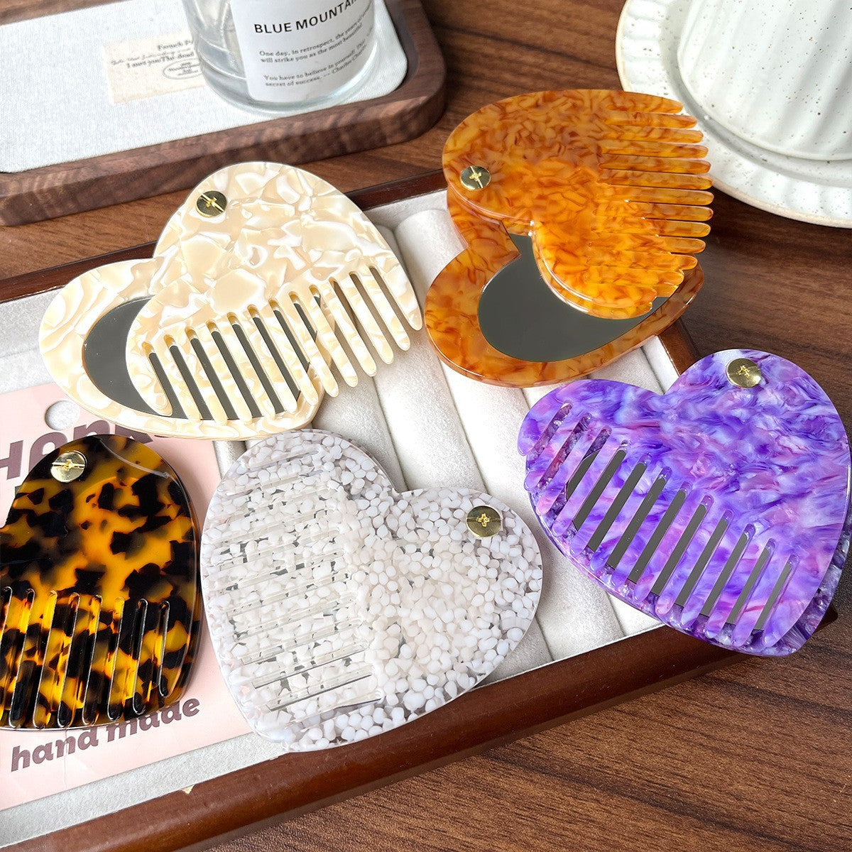 【MOQ 12 PCS】Leopard Print Acetate Mirror Comb, Rotatable Anti-static 2-in-1 Comb