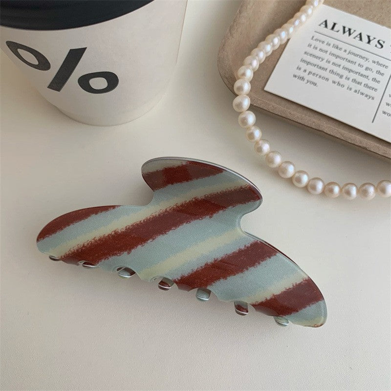 【MOQ 12 PCS】Acetate Brown Stripe Claw Clip, Elegant Back Head Updo Hair Clip