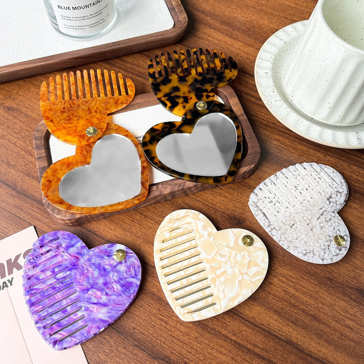 【MOQ 12 PCS】Leopard Print Acetate Mirror Comb, Rotatable Anti-static 2-in-1 Comb