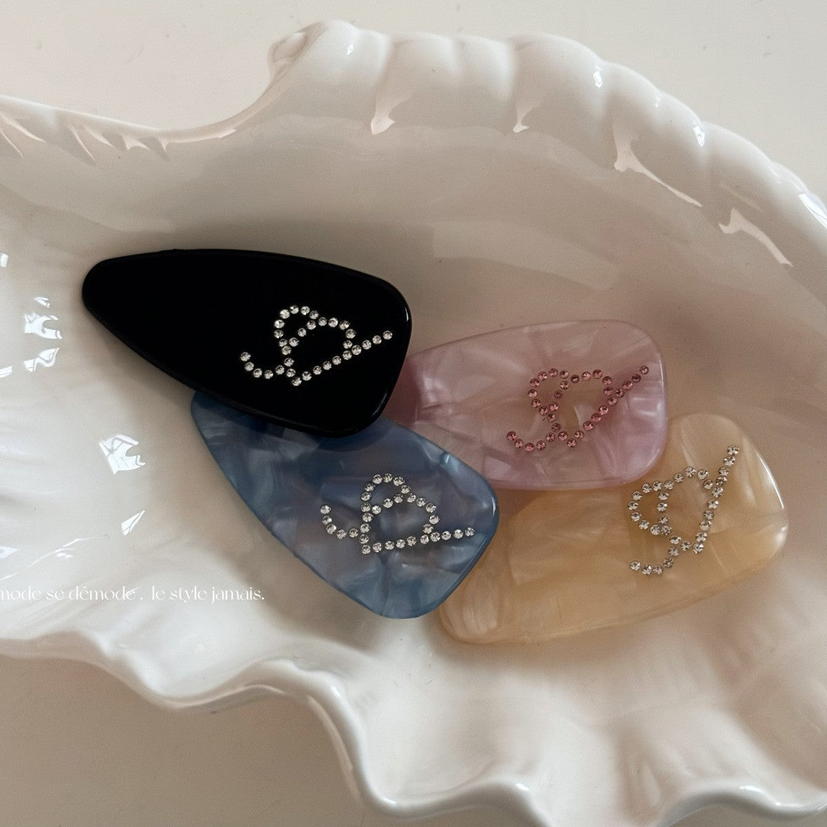 【MOQ 12 PCS】Cute Korean Rhinestone Letter Water Drop Acetate Side Hair Clip
