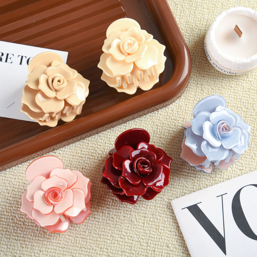 【MOQ 12 PCS】Acetate 3D Rose Hair Claw, Elegant Shark Clip