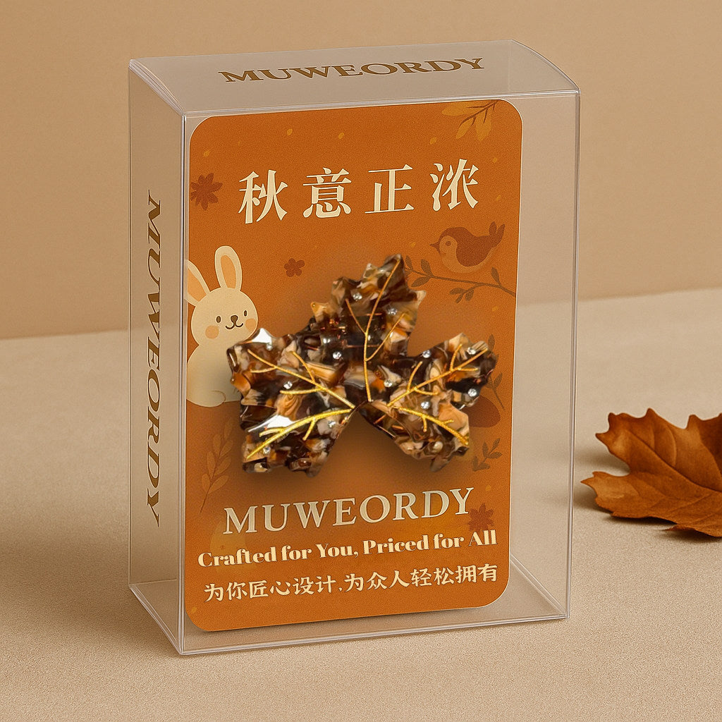 【MOQ 12 PCS】Rhinestone Maple Leaf Acetate Hair Claw, Gift Box