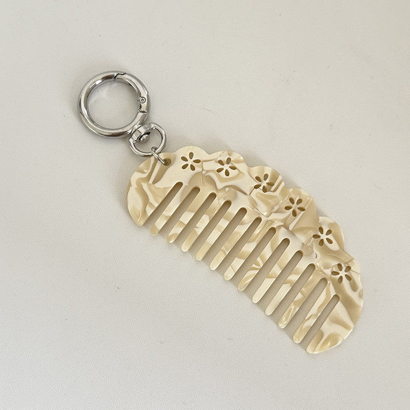 【MOQ 12 PCS】Vintage Acetate Flower Hollow Comb Keychain, Portable Hair Comb Charm