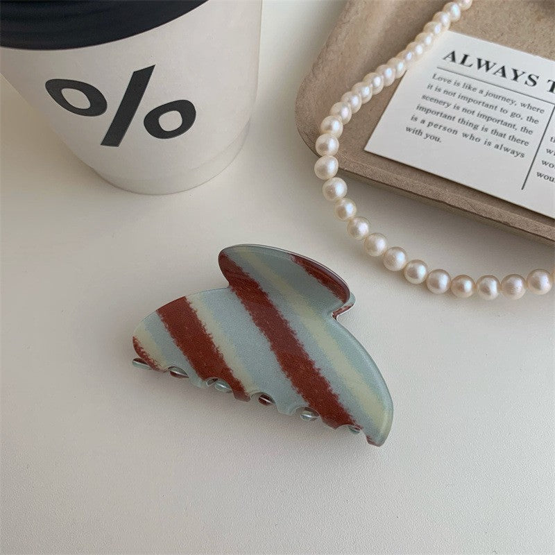【MOQ 12 PCS】Acetate Brown Stripe Claw Clip, Elegant Back Head Updo Hair Clip