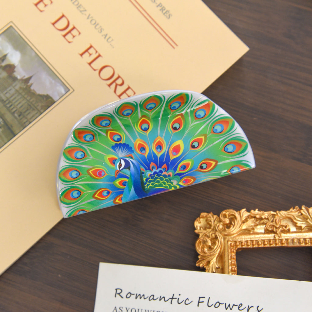 【MOQ 12 PCS】3D Peacock Fan Hair Claw – Ethnic Print Shark Clip