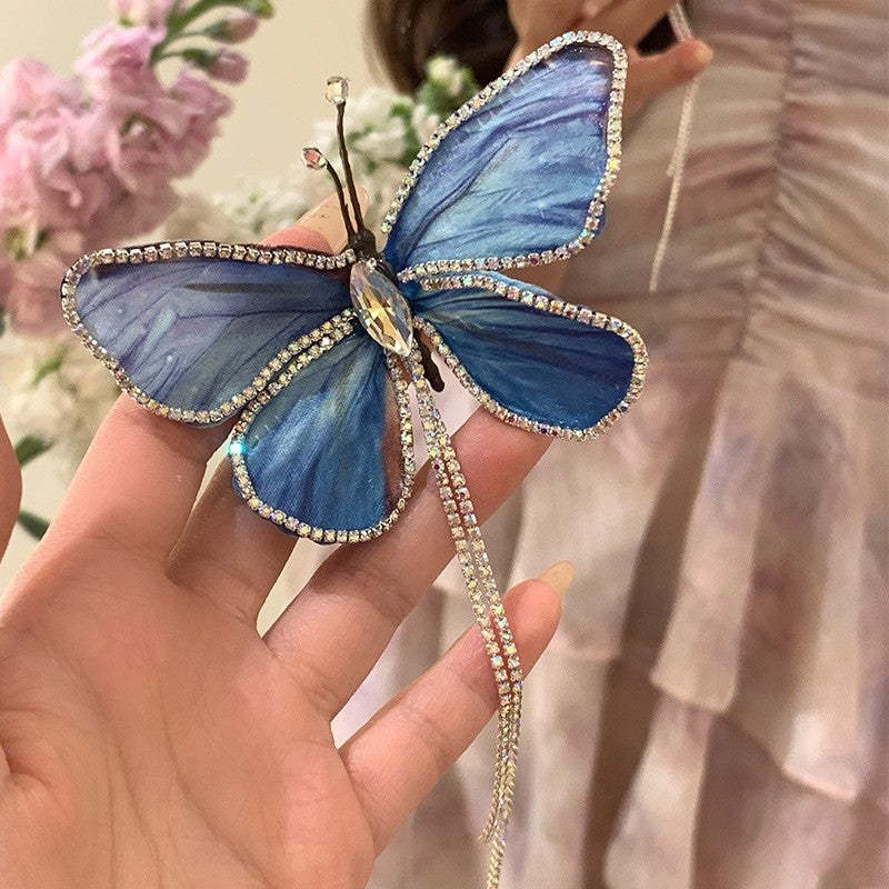 【MOQ 12 PCS】Elegant Gradient Butterfly Tassel Rhinestone Duckbill Hair Clip