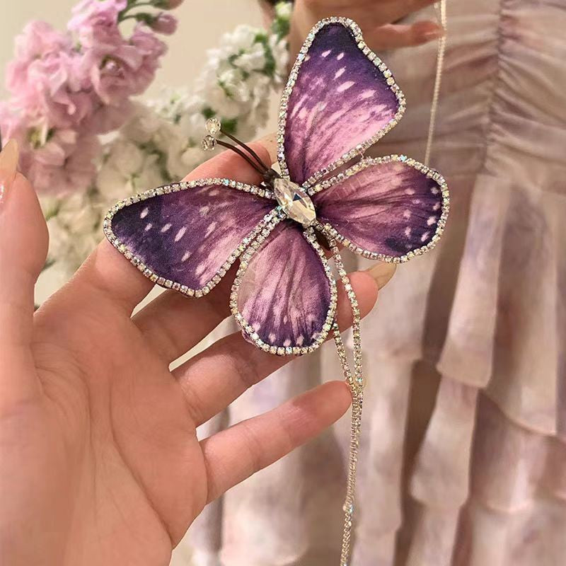 【MOQ 12 PCS】Elegant Gradient Butterfly Tassel Rhinestone Duckbill Hair Clip
