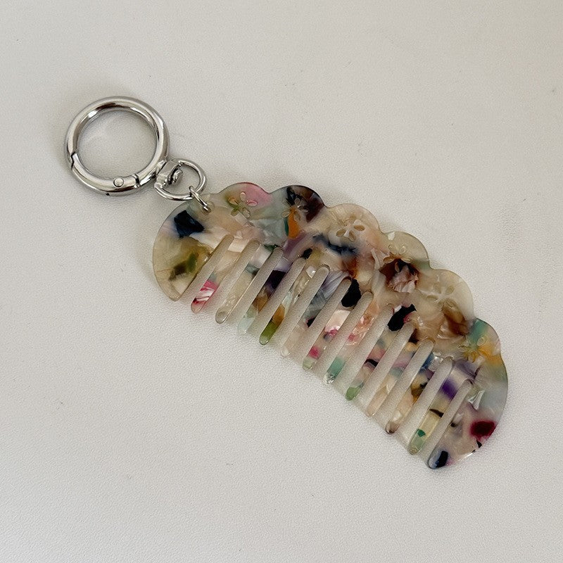 【MOQ 12 PCS】Vintage Acetate Flower Hollow Comb Keychain, Portable Hair Comb Charm