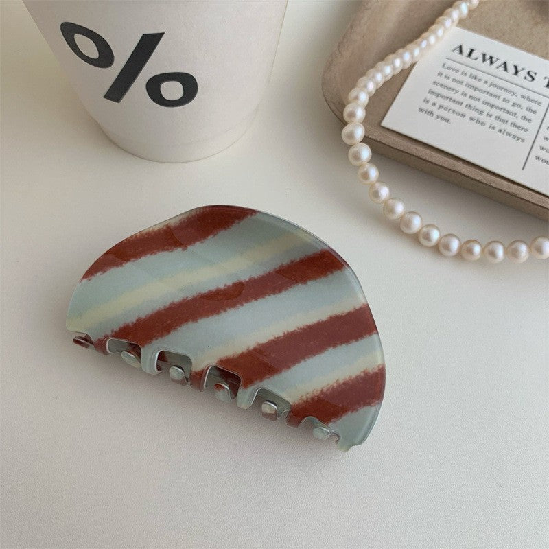 【MOQ 12 PCS】Acetate Brown Stripe Claw Clip, Elegant Back Head Updo Hair Clip