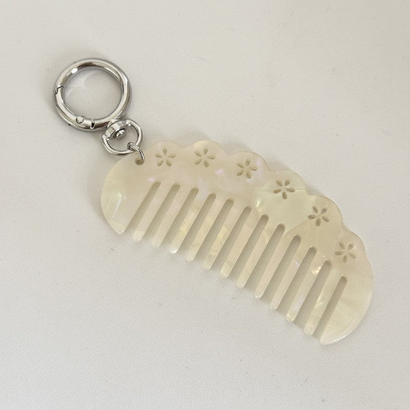 【MOQ 12 PCS】Vintage Acetate Flower Hollow Comb Keychain, Portable Hair Comb Charm