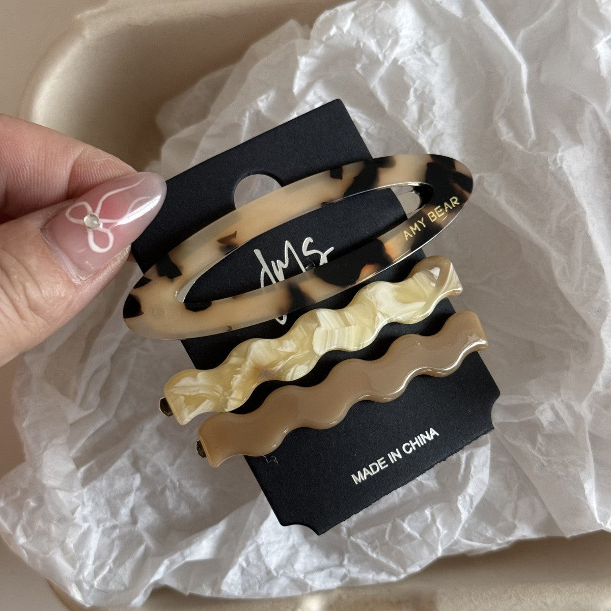 【MOQ 12 PCS】3Pcs Acetate Oval BB Clips Wavy Duckbill Cute Side Hair Clips