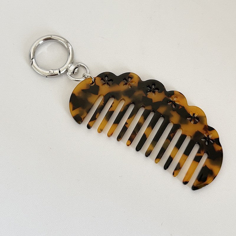 【MOQ 12 PCS】Vintage Acetate Flower Hollow Comb Keychain, Portable Hair Comb Charm