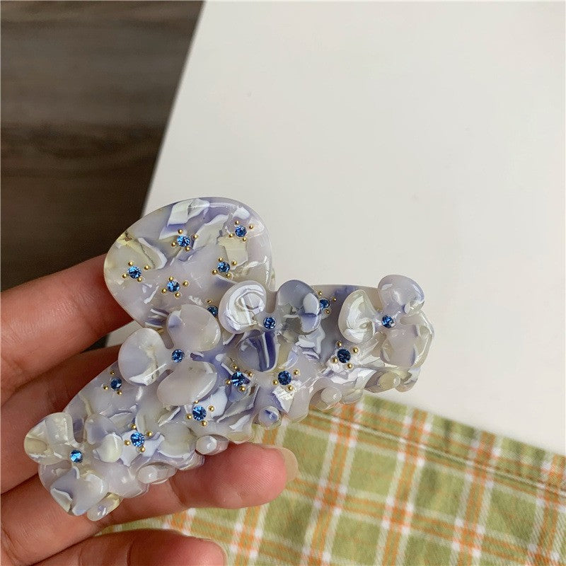 【MOQ 12 PCS】Acetate Full Rhinestone Flower Hair Claw, Elegant Shark Clip