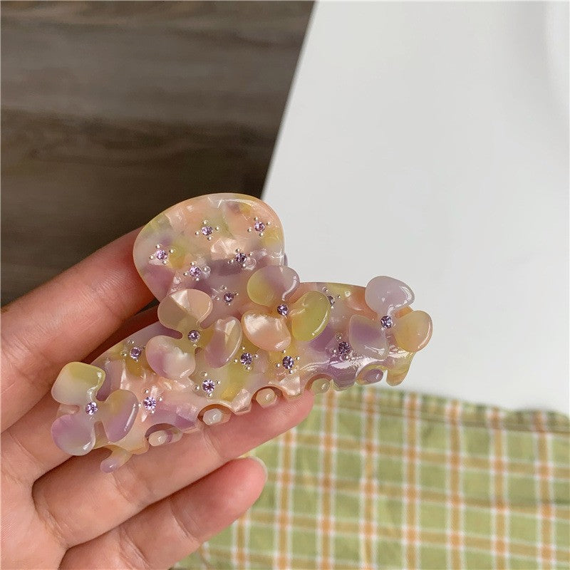 【MOQ 12 PCS】Acetate Full Rhinestone Flower Hair Claw, Elegant Shark Clip