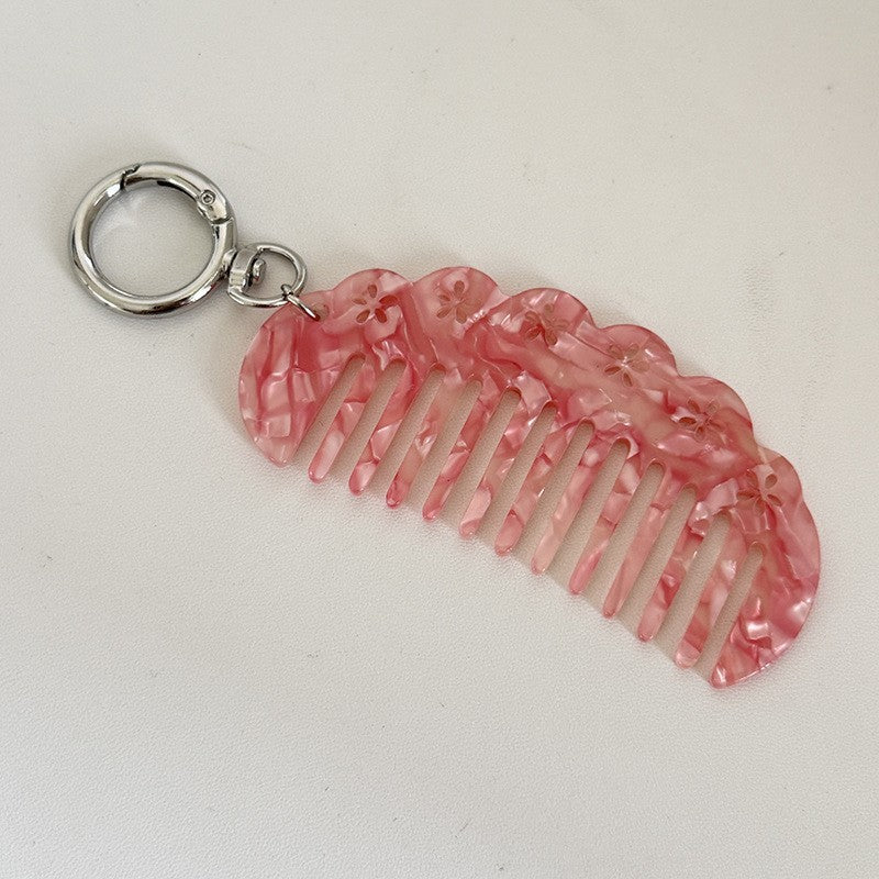 【MOQ 12 PCS】Vintage Acetate Flower Hollow Comb Keychain, Portable Hair Comb Charm