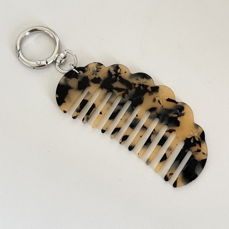 【MOQ 12 PCS】Vintage Acetate Flower Hollow Comb Keychain, Portable Hair Comb Charm