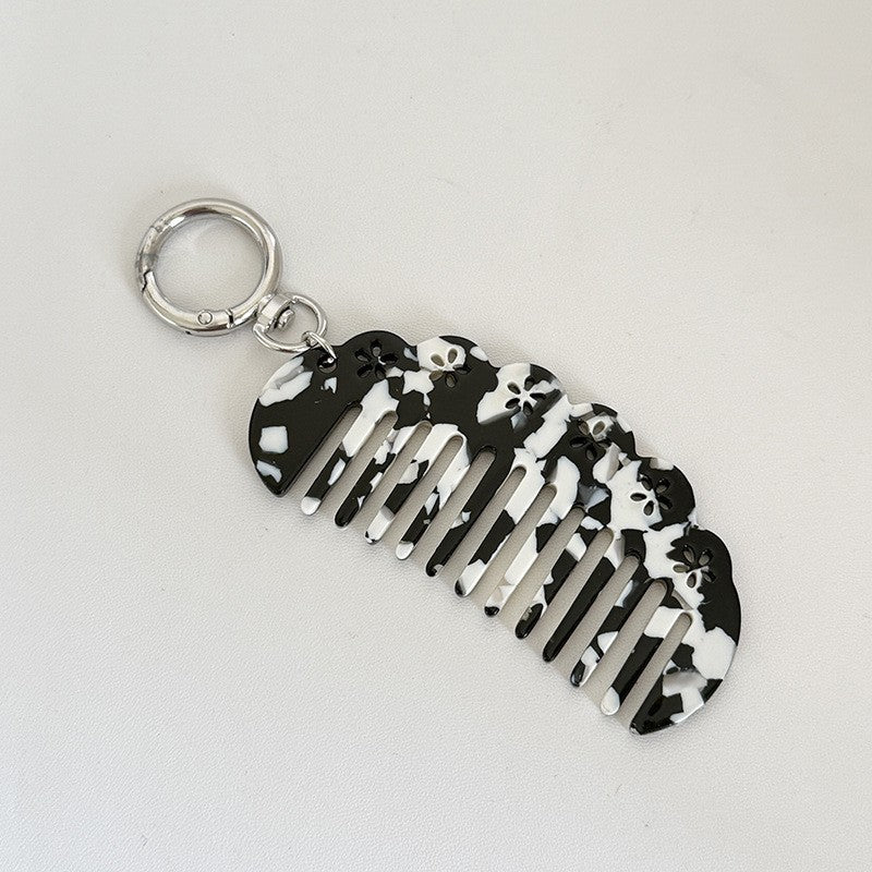 【MOQ 12 PCS】Vintage Acetate Flower Hollow Comb Keychain, Portable Hair Comb Charm