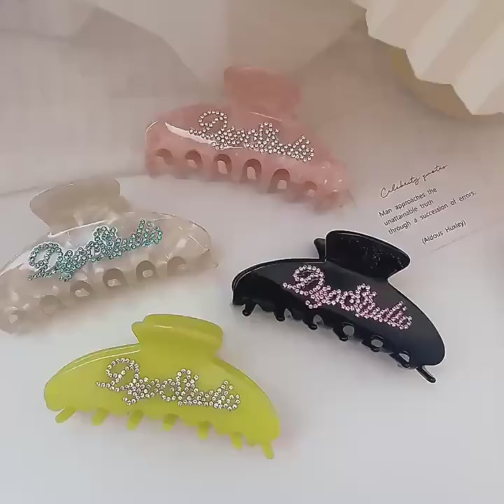 【MOQ 12 PCS】Acetate Rhinestone Letter Claw Clip