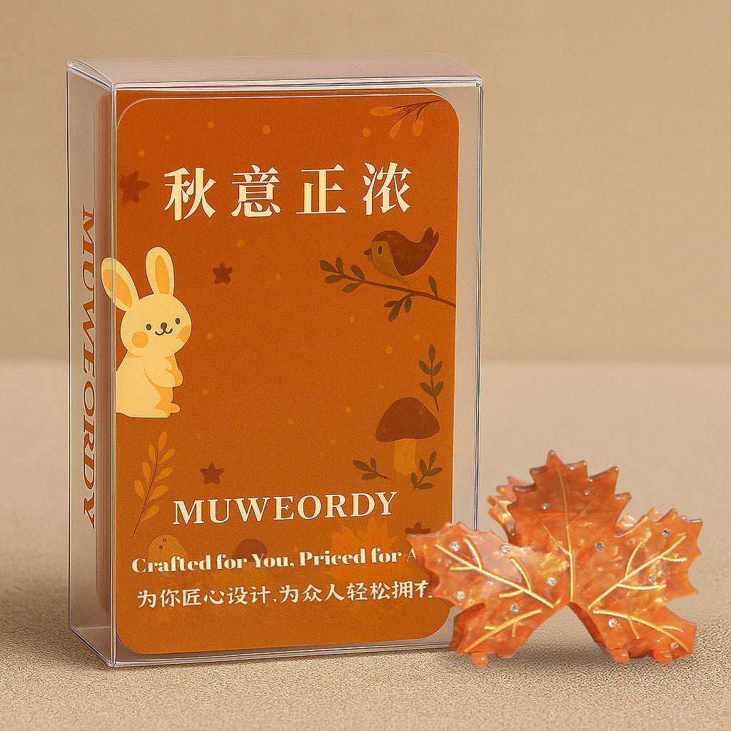 【MOQ 12 PCS】Rhinestone Maple Leaf Acetate Hair Claw, Gift Box